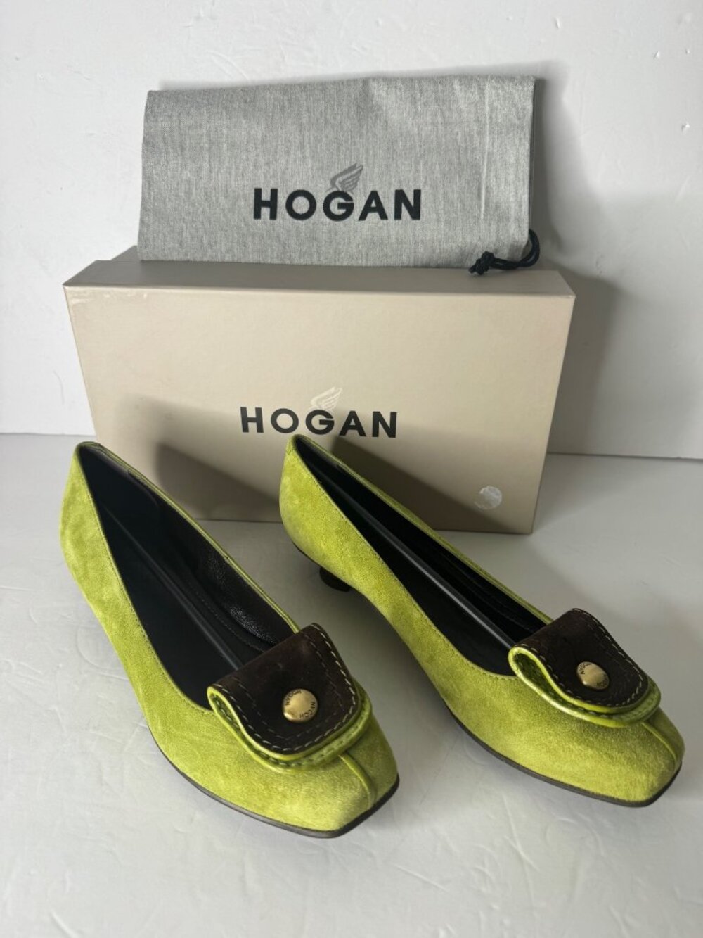 Hogan Tacco 20 Decollete Green Suede Ballerina Pumps Brown Accent EU 37.5 NIB